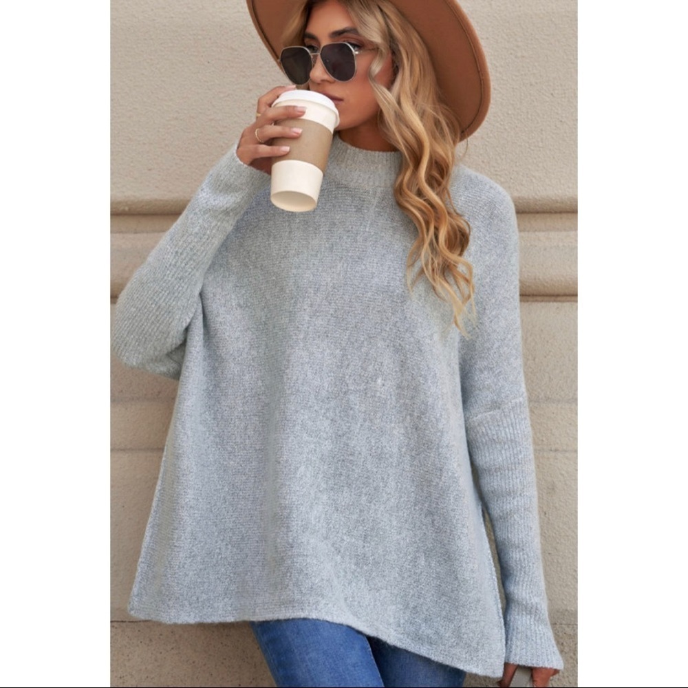 Grey High Neck Oversized Sweater With Slits